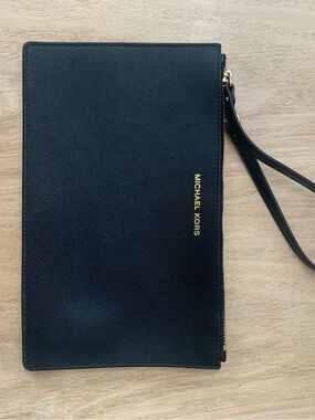 Michael Kors Black Leather Wristlet Pouch with Gold Logo